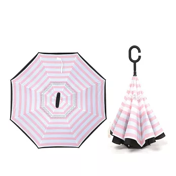 【生活良品】C型雙層海軍紋手動反向雨傘(大傘面!不淋濕!反向直傘)條紋款 粉紅條紋
