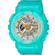 【CASIO】BABY-G 夏日絢麗海玻璃休閒雙顯錶-藍綠(BA-110SC-2A)