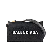 BALENCIAGA 經典Logo牛皮小款金釦卡片夾(附可拆式掛繩) (黑色)