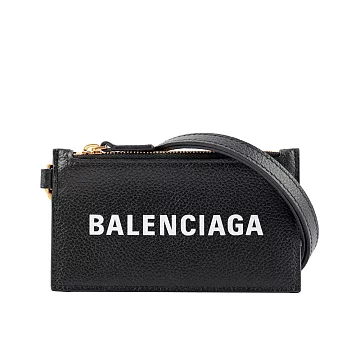BALENCIAGA 經典Logo牛皮小款金釦卡片夾(附可拆式掛繩)  (黑色)
