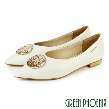 【GREEN PHOENIX】女 低跟鞋 國際精品 飾釦 柔軟日本小羊皮 尖頭 EU35.5 白色