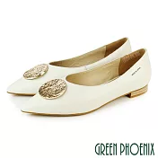 【GREEN PHOENIX】女 低跟鞋 國際精品 飾釦 柔軟日本小羊皮 尖頭 EU36.5 白色
