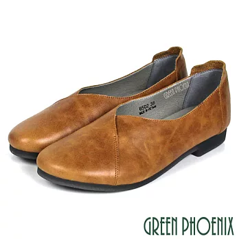 【GREEN PHOENIX】女 低跟鞋 包鞋 V型剪裁 全真皮 粗跟 通勤 上班 EU35 棕色