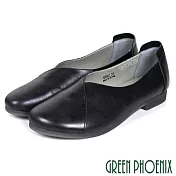 【GREEN PHOENIX】女 低跟鞋 包鞋 V型剪裁 全真皮 粗跟 通勤 上班 EU35 黑色