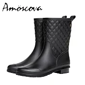 【Amoscova】雨鞋 中筒雨鞋 時尚可愛 菱格 防水防滑雨靴 (1611) EU40 黑色