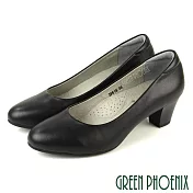 【GREEN PHOENIX】女 中跟鞋 素面 全真皮 粗跟 OL通勤 上班 面試 EU36 黑色