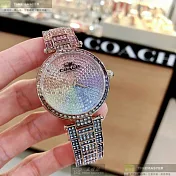 COACH蔻馳精品錶,編號：CH00059,34mm圓形玫瑰金精鋼錶殼彩虹圈錶盤精鋼彩虹色錶帶