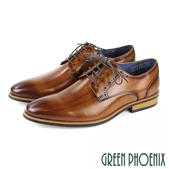 【GREEN PHOENIX】男 商務皮鞋 紳士皮鞋 德比鞋 素面 渲染 雕花 全真皮 EU45 棕色