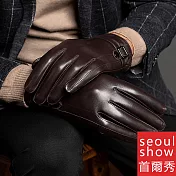 seoul show首爾秀 箭頭釦環進口頭層羊皮男士真皮觸控保暖手套  深棕
