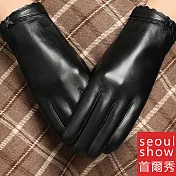 seoul show首爾秀 金屬蝴蝶結頭層小綿羊皮女士真皮保暖觸控手套  黑色