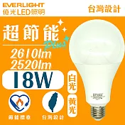 【EVERLIGHT億光Plus+】高亮度18W超節能LED燈泡-白光/黃光(4入) 白光