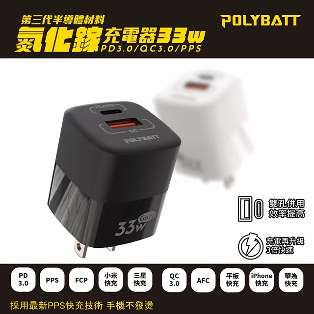 Polybatt GaN氮化鎵33W 雙孔PD+QC 手機平板筆電快速充電器 白色