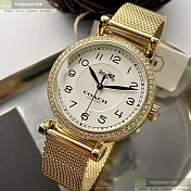 COACH蔻馳精品錶,編號：CH00061,32mm圓形金色精鋼錶殼白色錶盤米蘭金色錶帶