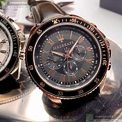 MASERATI瑪莎拉蒂精品錶,編號：R8851101008,46mm圓形古銅色精鋼錶殼古銅色錶盤真皮皮革深黑色錶帶