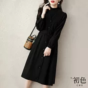 【初色】復古休閒假兩件式連衣裙-共2色-91354(M-2XL可選) M 黑色