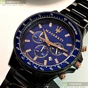 MASERATI瑪莎拉蒂精品錶,編號：R8873640001,44mm圓形黑精鋼錶殼寶藍色錶盤精鋼深黑色錶帶