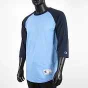 Champion [T137-FA109] 男 七分袖 上衣 棒球T恤 美規 斜肩 拼接 棉質 舒適 穿搭 藏青 S 深藍/水藍