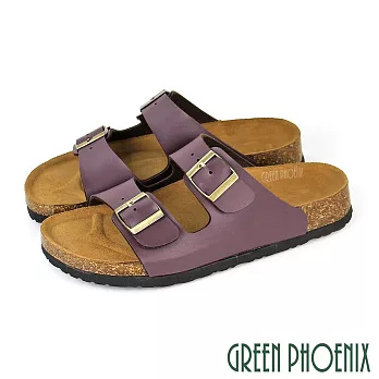 【GREEN PHOENIX】女 拖鞋 寬版 二字 雙皮帶釦 平底 台灣製 JP23.5 紫色
