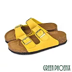 【GREEN PHOENIX】女 拖鞋 寬版 二字 雙皮帶釦 平底 台灣製 JP23 黃色