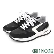 【GREEN PHOENIX】男 運動鞋 慢跑鞋 休閒鞋 復古風 仿麂皮 拼接 撞色 厚底 EU40 黑色
