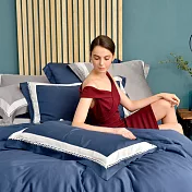 義大利La Belle《法式極簡》加大天絲拼接蕾絲防蹣抗菌吸濕排汗兩用被床包組(共兩色)-深藍