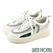 【GREEN PHOENIX】女 休閒鞋 國際精品 螢光色 胎牛皮 綁帶 厚底 西班牙原裝 EU35 白色