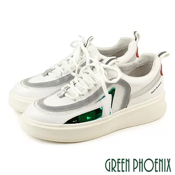 【GREEN PHOENIX】女 休閒鞋 國際精品 螢光色 胎牛皮 綁帶 厚底 西班牙原裝 EU39 白色