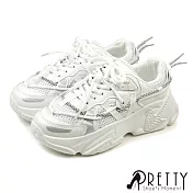 【Pretty】女款個性運動風異質拼接綁帶束帶厚底休閒鞋/老爹鞋 EU36 白色