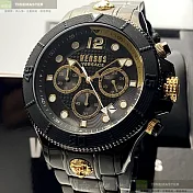 VERSUS VERSACE凡賽斯精品錶,編號：VV00067,48mm圓形黑精鋼錶殼黑金色錶盤精鋼深黑色錶帶