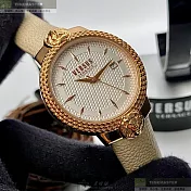 VERSUS VERSACE凡賽斯精品錶,編號：VV00069,38mm圓形玫瑰金精鋼錶殼白色錶盤真皮皮革米白色錶帶