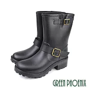 ◤Green Phoenix◥質感個性雙皮帶飾釦中筒雨靴/雨鞋 EU36 黑色