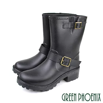 【GREEN PHOENIX】女 雨靴 雨鞋 中筒 雙皮帶飾釦 防水 EU36 黑色