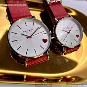 COACH蔻馳精品錶,編號：CH00080,36mm圓形銀精鋼錶殼白色錶盤真皮皮革大紅色錶帶