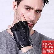 seoul show首爾秀 三線半指進口頭層羊皮男士真皮保暖手套  黑色
