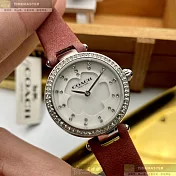 COACH蔻馳精品錶,編號：CH00086,26mm圓形銀精鋼錶殼白色錶盤真皮皮革深紅色錶帶