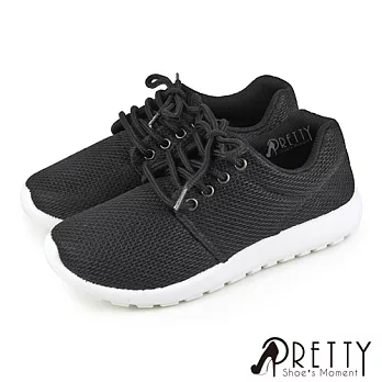 【Pretty】男女 女大尺碼 休閒鞋 運動鞋 簡約風 網布 綁帶 平底 台灣製 JP25.5 黑色