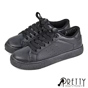 【Pretty】女 休閒鞋 板鞋 小白鞋 素面 綁帶 台灣製 JP24 黑色
