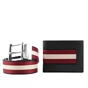 BALLY 紅白織帶雙面可用皮帶 85cm+平滑皮革6卡短夾禮盒組 (黑色)