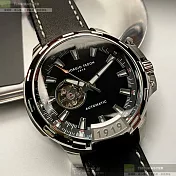 Giorgio Fedon 1919喬治飛登精品錶,編號：GF00056,46mm圓形銀精鋼錶殼黑色雙面機械鏤空錶盤真皮皮革深黑色錶帶