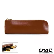 【OMC】義大利植鞣革單扁型拉鍊文具刷具收納袋- 棕色