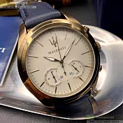 MASERATI瑪莎拉蒂精品錶,編號：R8871612016,46mm圓形金色精鋼錶殼米白色錶盤真皮皮革寶藍錶帶