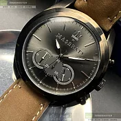 MASERATI瑪莎拉蒂精品錶,編號：R8871612005,46mm圓形黑精鋼錶殼黑色錶盤真皮皮革咖啡色錶帶