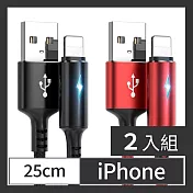 CS22 iPhone智能快充保護手機不發熱充電線25cm2色(黑/紅)-2入 黑色