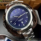 MASERATI瑪莎拉蒂精品錶,編號：R8853121004,44mm圓形銀精鋼錶殼寶藍色錶盤精鋼銀色錶帶