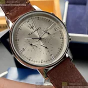 MASERATI瑪莎拉蒂精品錶,編號：R8871630001,42mm圓形銀精鋼錶殼亮銅色錶盤真皮皮革咖啡色錶帶