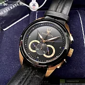 MASERATI瑪莎拉蒂精品錶,編號：R8871612025,46mm圓形黑精鋼錶殼黑色錶盤真皮皮革深黑色錶帶