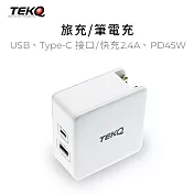 【TEKQ】2孔 57W USB-C/USB PD QC 旅充 附全球電壓轉接插頭 -白