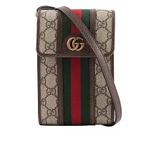 Gucci Ophidia GG 帆布綠紅織帶手機斜背包 (棕色)