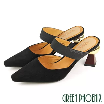 【GREEN PHOENIX】女 穆勒鞋 拖鞋 國際精品 日本小羊皮 復古 一字 尖頭 高跟 EU35 黑色