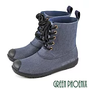 【GREEN PHOENIX】女 雨靴 雨鞋 短筒 仿布質感 綁帶 防水 EU36 藍色
